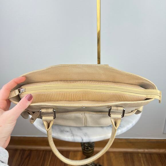 Cole Haan Buckle Canvas Tan and Gold Lizard Skin Embossed Leather Shoulder Bag - Picture 4 of 16